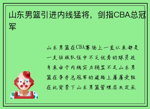 山东男篮引进内线猛将，剑指CBA总冠军
